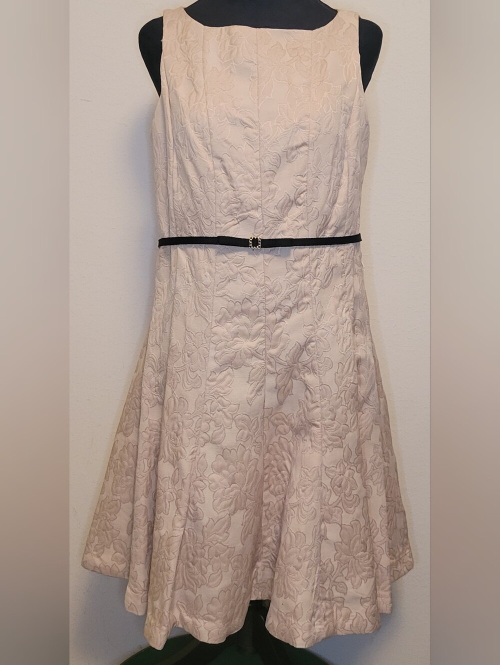 Taylor Pale Pink Floral Jacquard Midi Dress with Black Belt